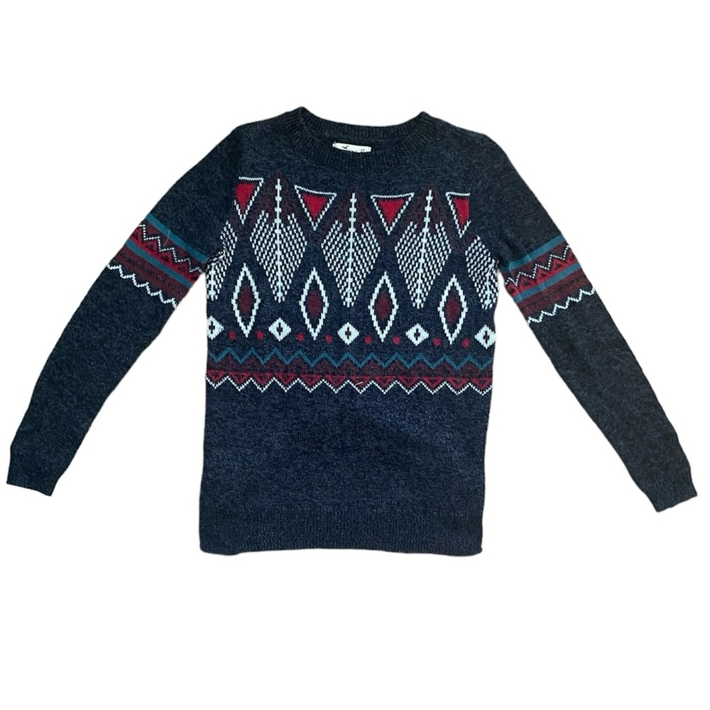 Women Hollister Sweater XS Black Aztec Print Crew Neck Northwest Winter Warm